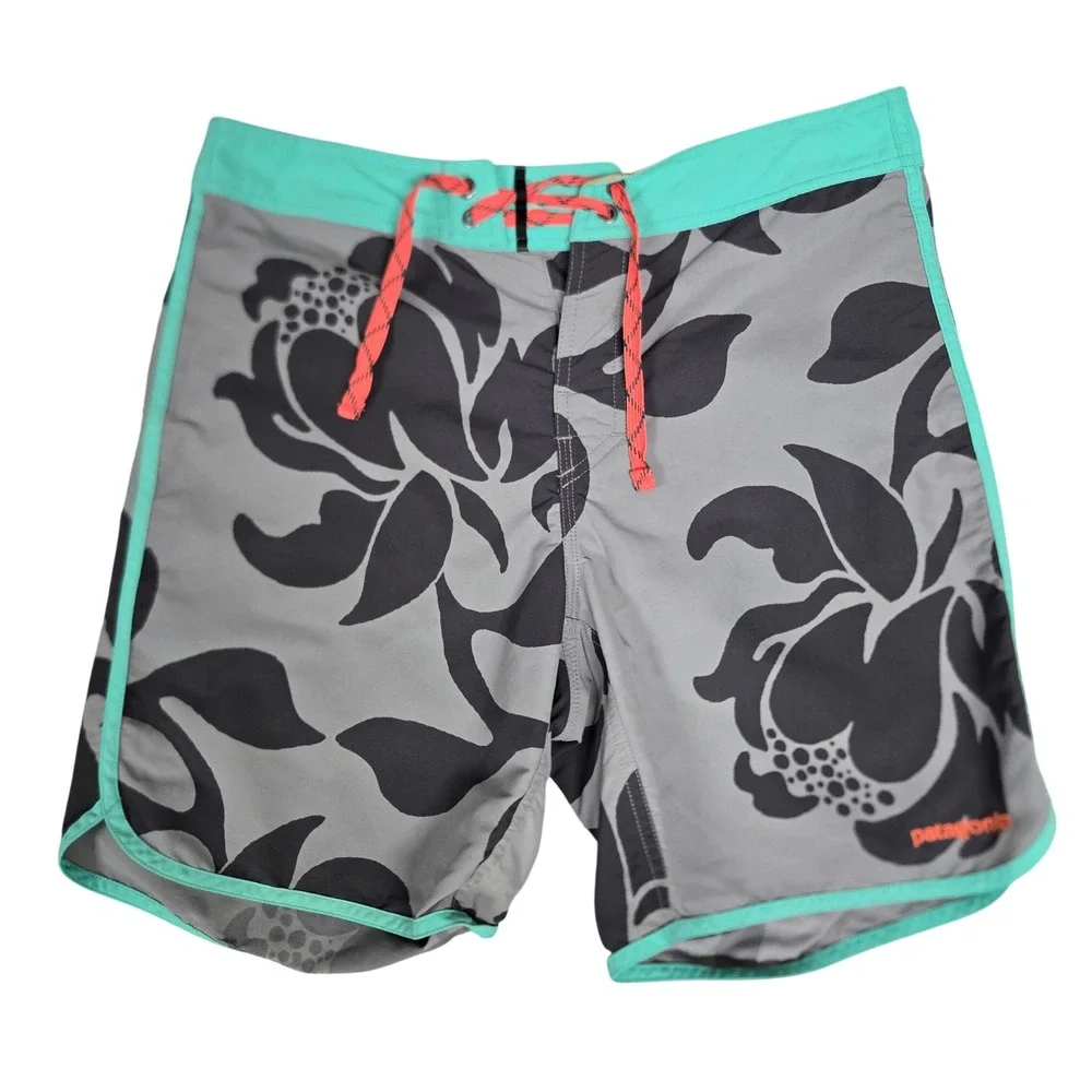 Patagonia Scallop Hem Wavefarer Board Shorts Gray Teal Floral Swim Trunks Sz 31